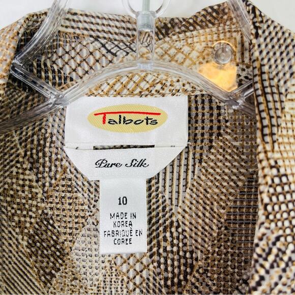 Vintage Talbots tan cream silk mixed print office preppy button front top 10 - Picture 6 of 6